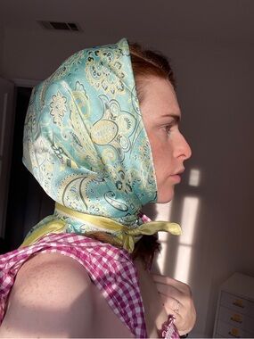Light Blue Paisley Silk Scarf with Yellow Border